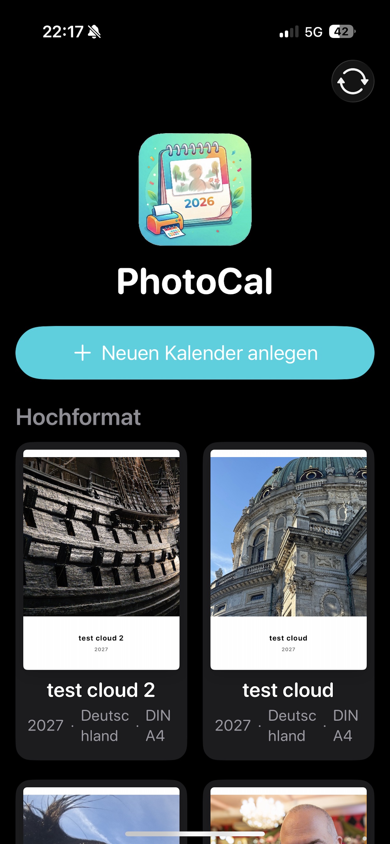 PhotoCal iPhone – Startbildschirm mit Kalenderübersicht