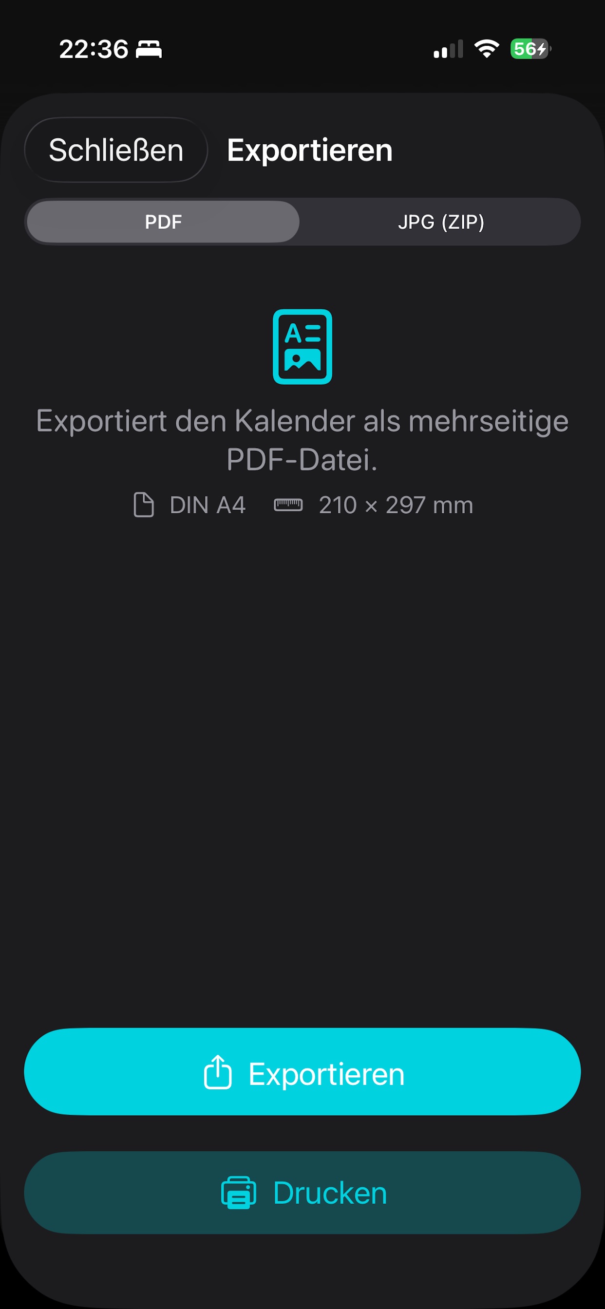PhotoCal iPhone – Export als PDF oder JPG