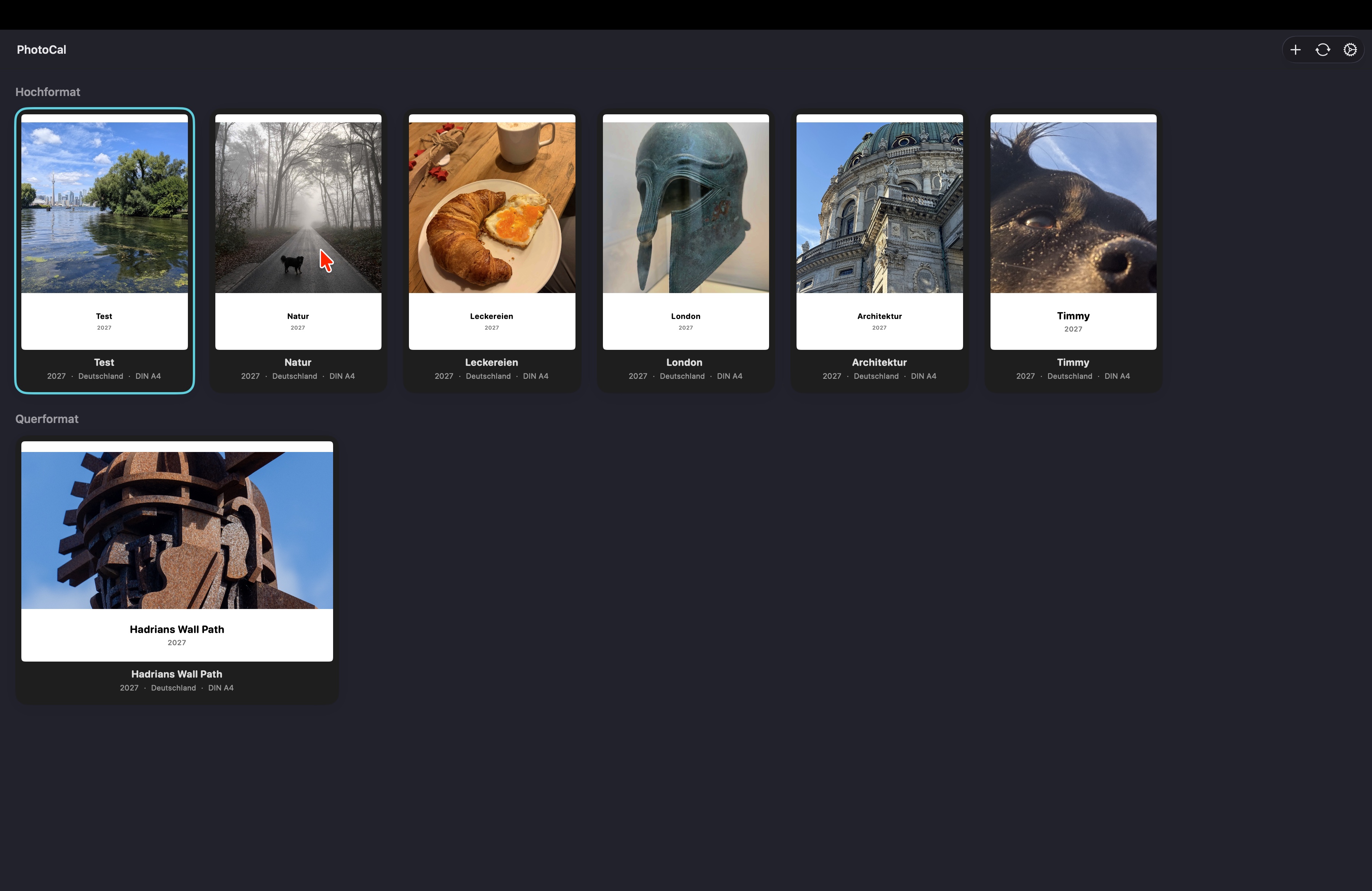 PhotoCal Mac – Startbildschirm mit Kalenderübersicht