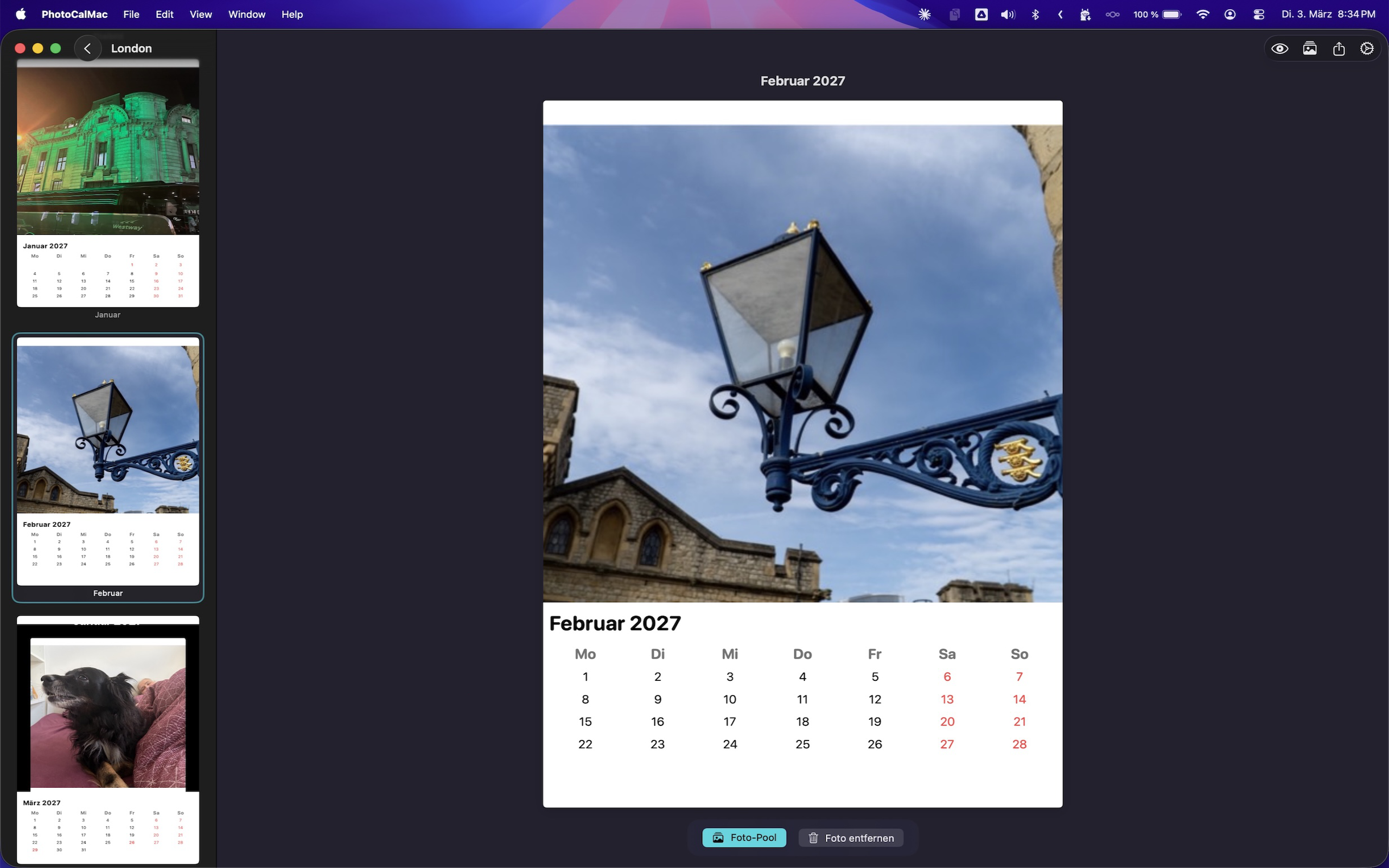 PhotoCal Mac – Kalendervorschau mit Monatsansicht