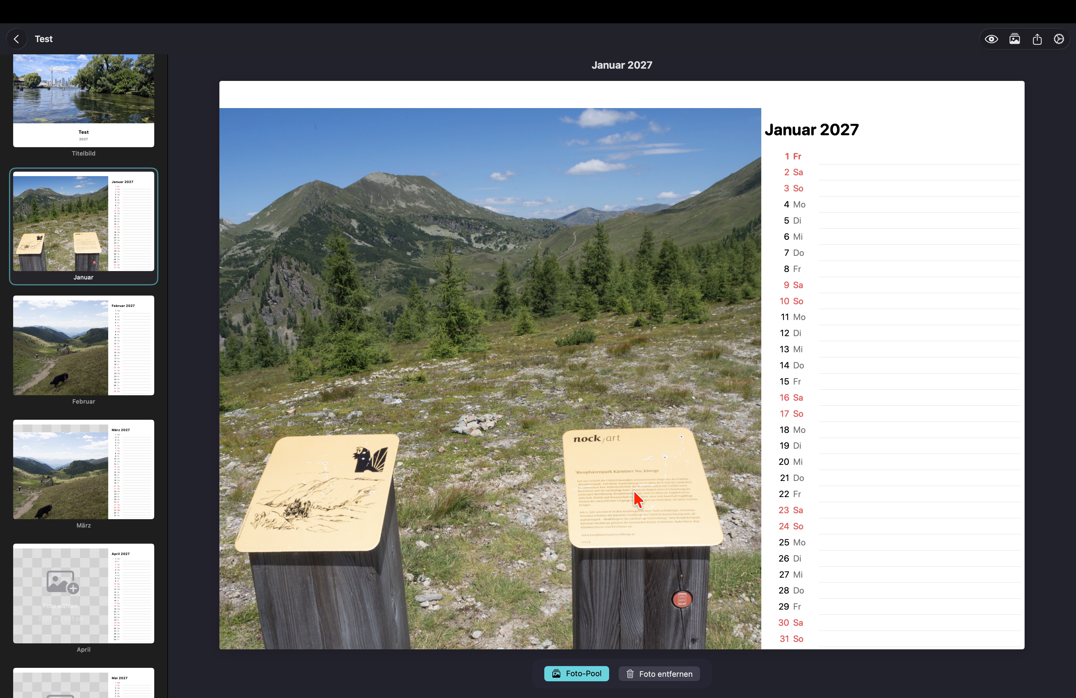 PhotoCal Mac – Kalender bearbeiten mit Seitenleiste