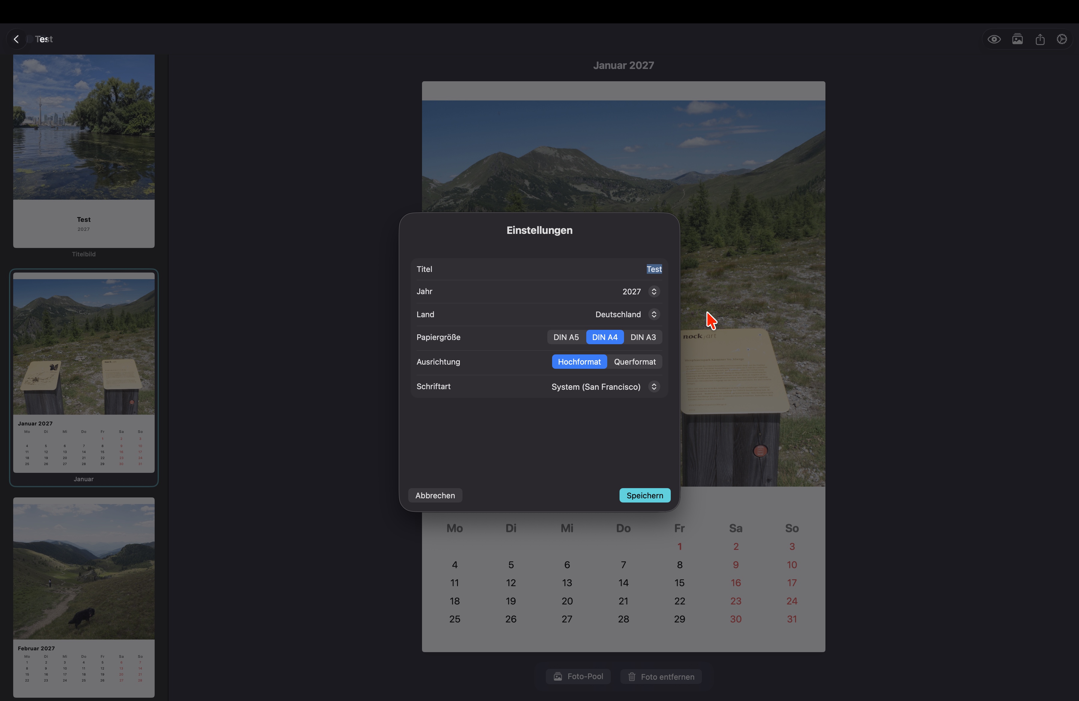 PhotoCal Mac – Einstellungen mit Format und Schriftart