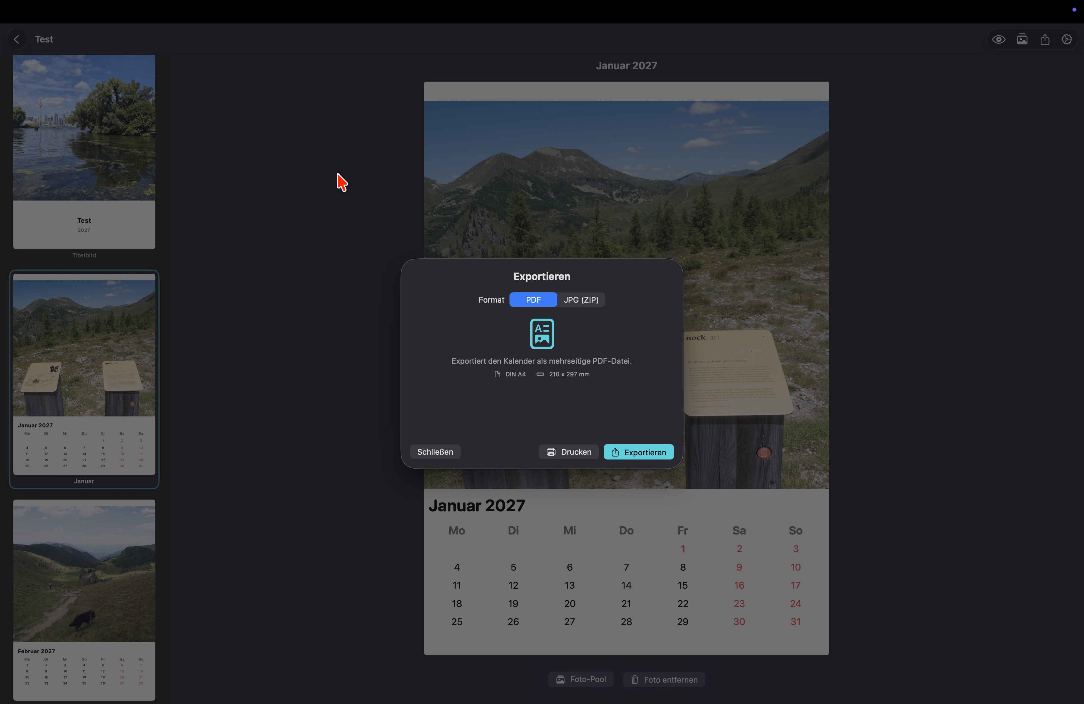 PhotoCal Mac – Export-Dialog für PDF und JPG
